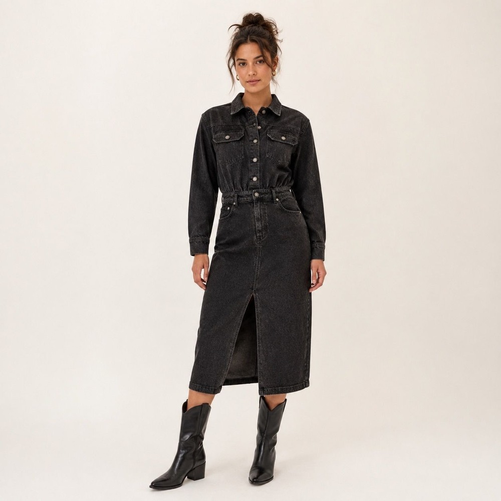 Scoop Women Dark Denim Button Down Midi Shirt Dress Small S 4-6 Dark Wash New